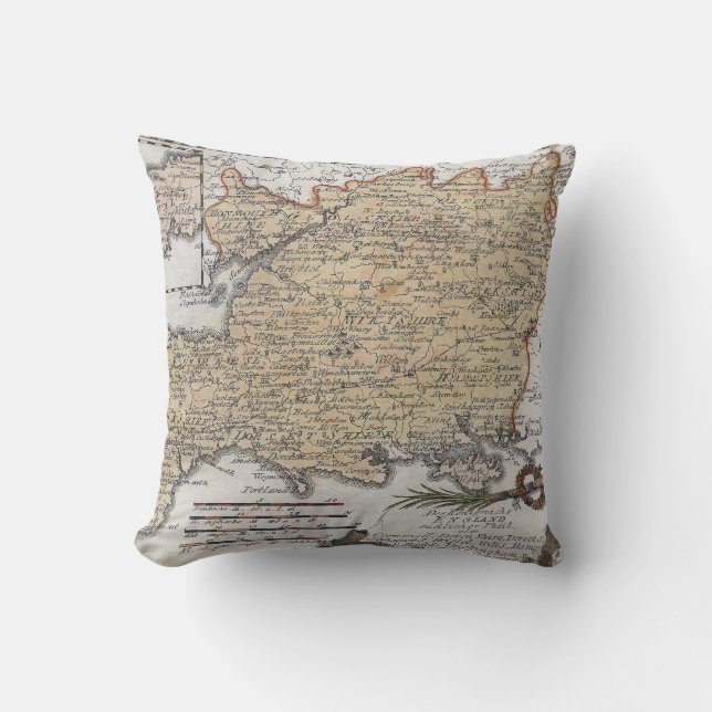 Antique Map of Southern England, Devon, Cornwall Throw Pillow (Front)