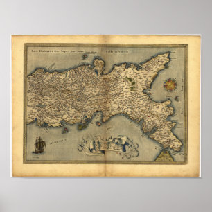 Antique Map of Southern Italy ORTELIUS ATLAS 1570 Poster