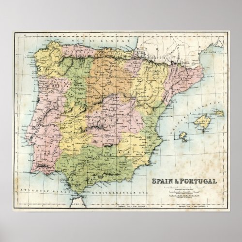 Antique map of Spain and Portugal Poster