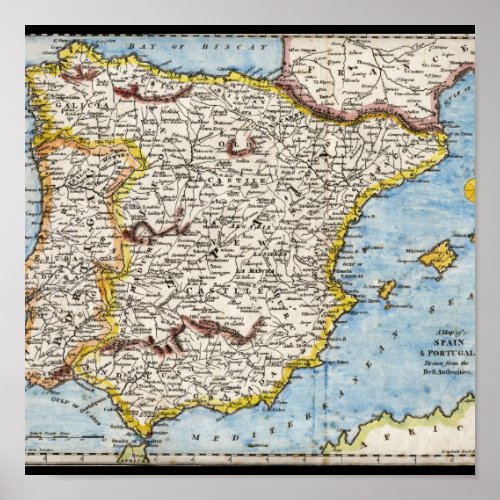 Antique Map of Spain  Portugal circa 1700s Poster