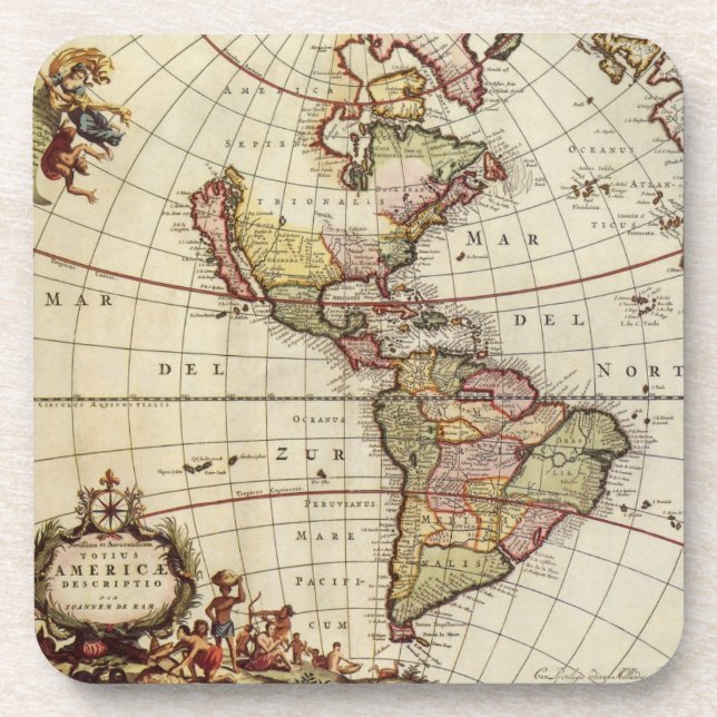 Antique Map of the Americas by Johannes De Ram Beverage Coaster (Front)