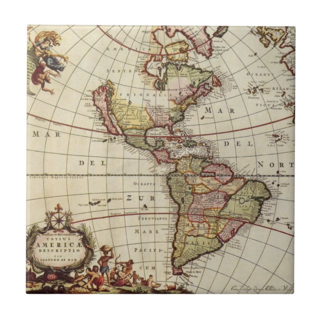 Antique Map of the Americas by Johannes De Ram Ceramic Tile (Front)