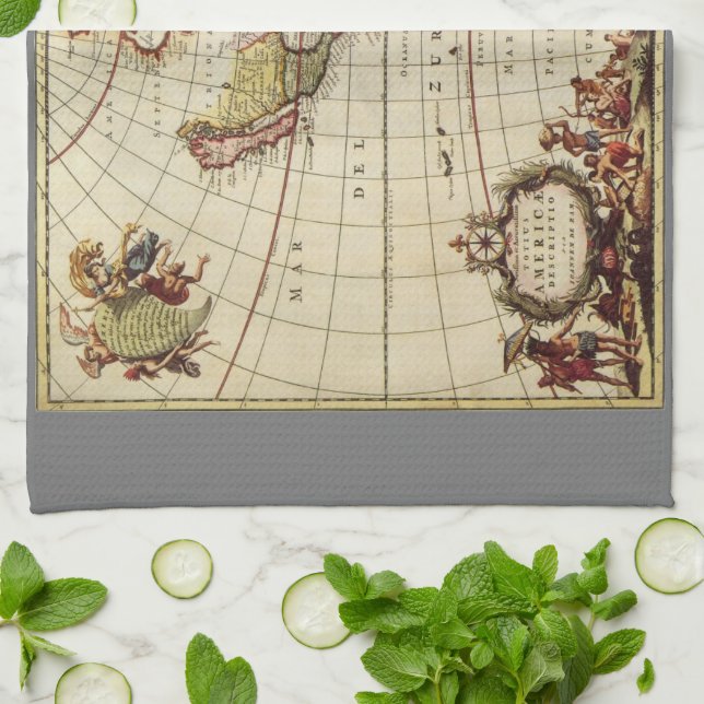 Antique Map of the Americas by Johannes De Ram Kitchen Towel (Folded)