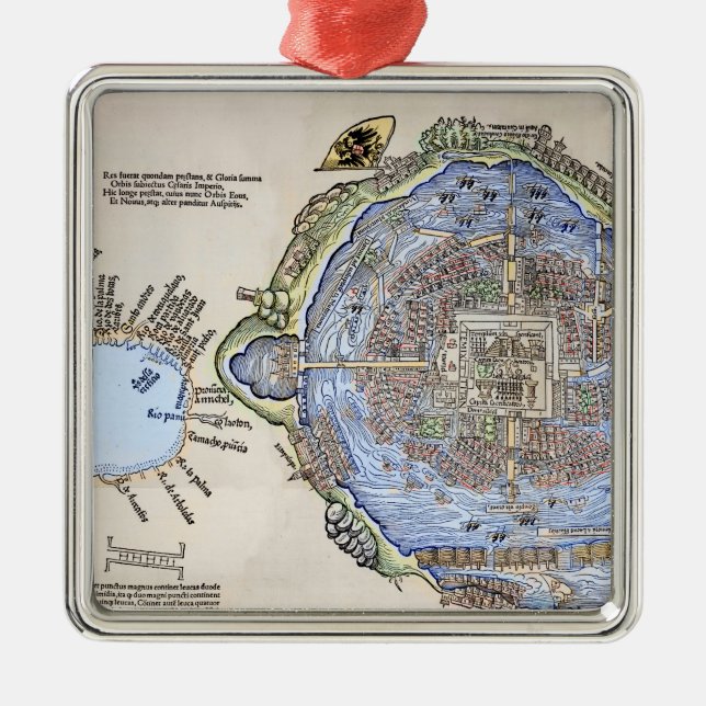 Antique Map of the Aztec Capital Tenochtitlan Metal Ornament (Front)