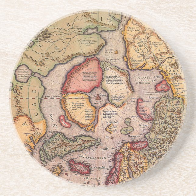 Antique Map of the North Pole Map by Mercator Sandstone Coaster (Front)