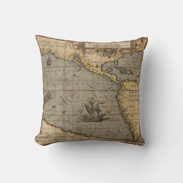 Antique Map of the Pacific Ocean Throw Pillow (Front)