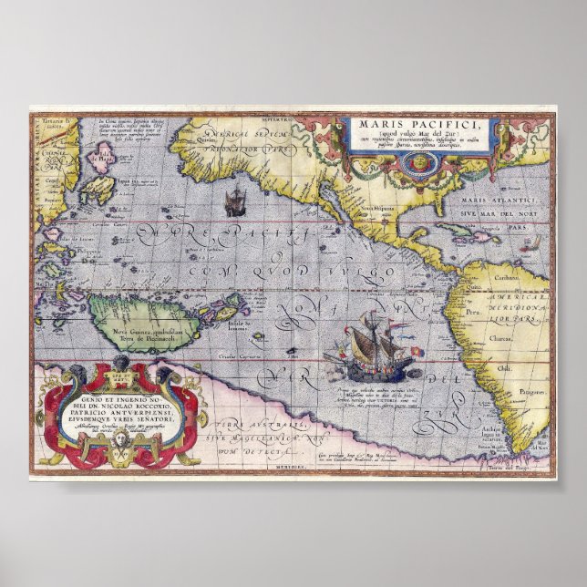 Antique map of the Pacific Ocean year 1589 Poster (Front)