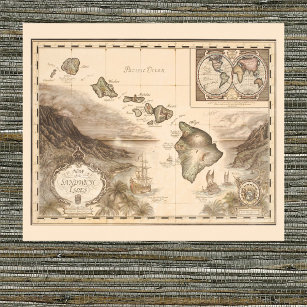 Antique map of the Sandwich Isles, Hawaii 1700s Poster
