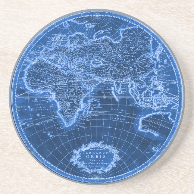 Antique Map of the World in Blue Drink Coaster (Front)