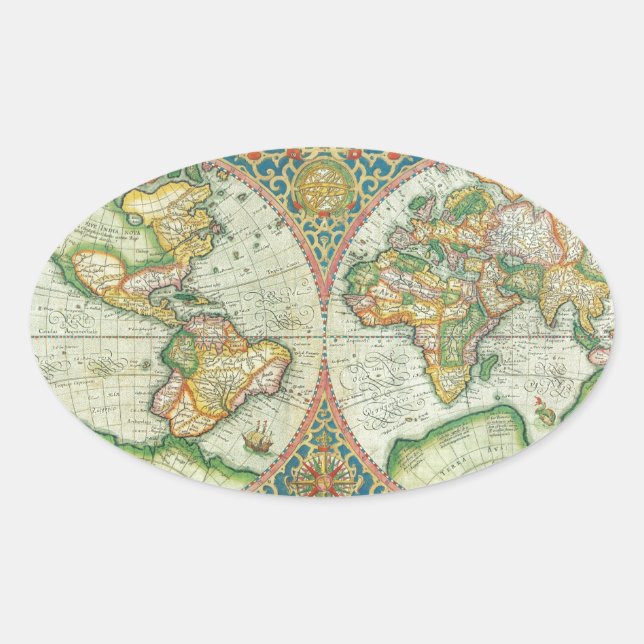Antique Map of The World Oval Sticker (Front)