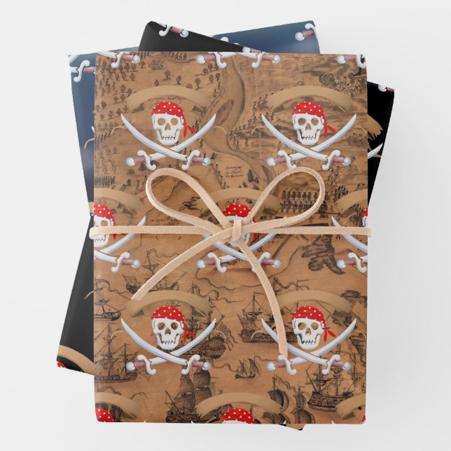 Antique map Pirate Jolly Roger birthday party Wrapping Paper Sheets (In situ)