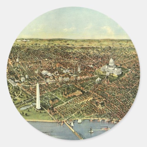 Antique Map with a Panoramic View of Washington DC Classic Round Sticker
