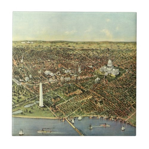 Antique Map with a Panoramic View of Washington DC Tile