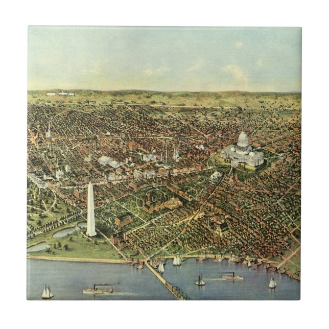 Antique Map with a Panoramic View of Washington DC Tile (Front)
