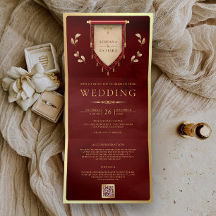 Antique Maroon Red Gold Scroll Medieval Wedding Tri-Fold Invitation