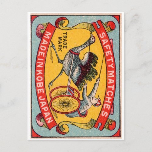 Antique Matchbox Label Ostrich Harness Racing Kobe Postcard