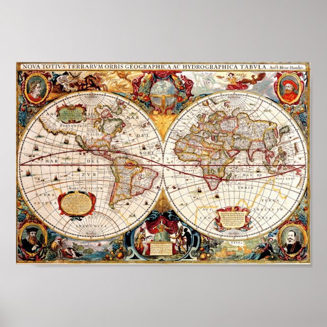 Antique medieval, historical World Map Nova Totius Poster (Front)