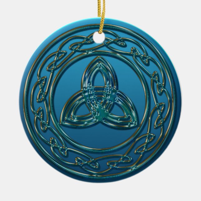 Antique Metal Celtic Trinity Knot In Blue Green Ceramic Ornament (Front)