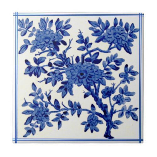 Antique Minton Blue White Aesthetic Floral Repro Ceramic Tile