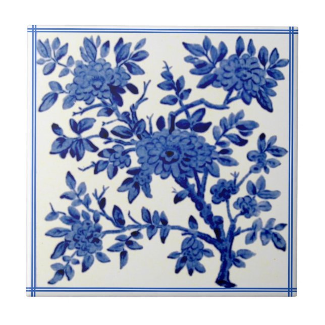 Antique Minton Blue White Aesthetic Floral Repro Ceramic Tile (Front)