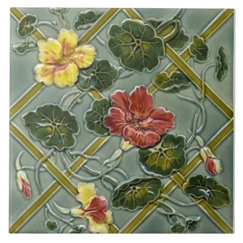 Antique Minton Floral Trellis Majolica Tile Repro
