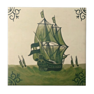 Antique Minton Hollins Delft Boat Tile #3 Repro
