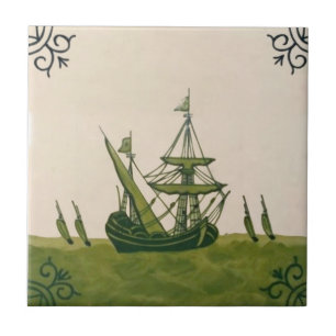 Antique Minton Hollins Delft Boat Tile #4 Repro