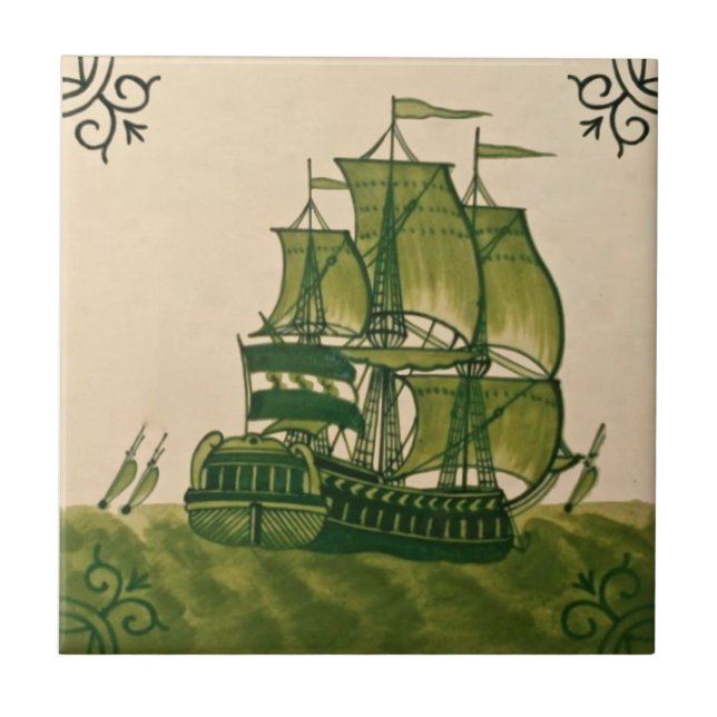 Antique Minton Hollins Delft Ship Tile #2 Repro (Front)