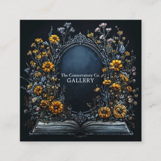 Antique Mirror Floral Open Book Dark Academia Square Business Card (Front)