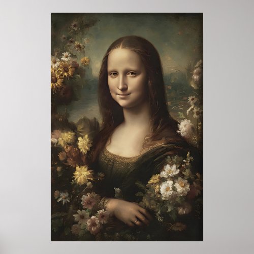 Antique Mona Lisa Portrait Print, Flower Decor