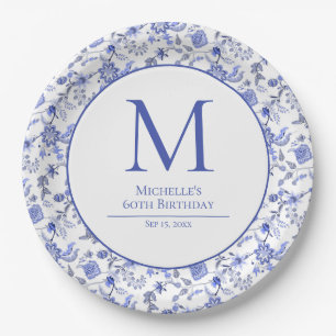 Antique Monorgam Blue White Floral Birthday Paper Plates