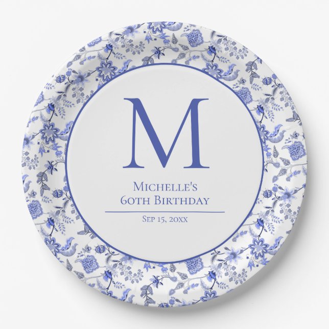 Antique Monorgam Blue White Floral Birthday Paper Plates (Front)
