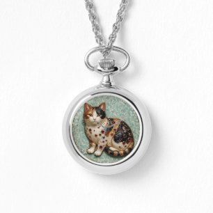 Antique Mosaic Calico Cat Pocket Necklace Watch