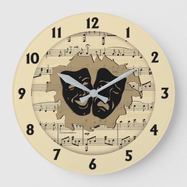 Antique Music and Theater Masks  Large Clock (Front)