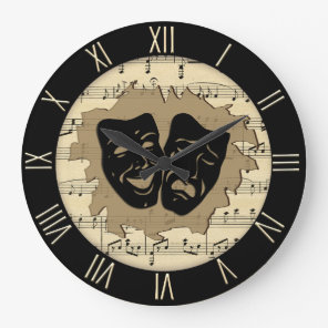 Antique Music and Theater Masks Roman Numerals Large Clock