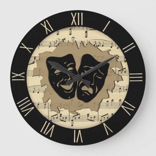 Antique Music and Theater Masks Roman Numerals Large Clock
