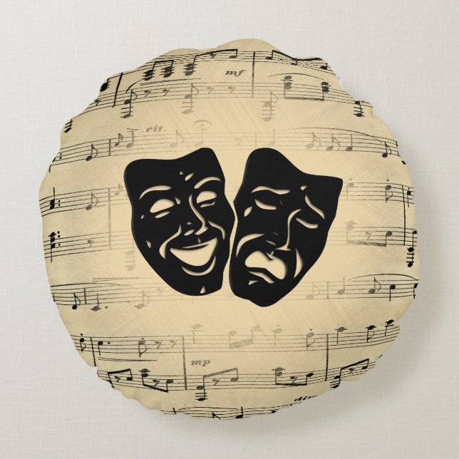 Antique Music and Theater Masks Round Pillow (Back)