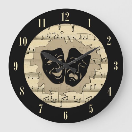 Antique Music and Theater Masks with Numbers Large Clock