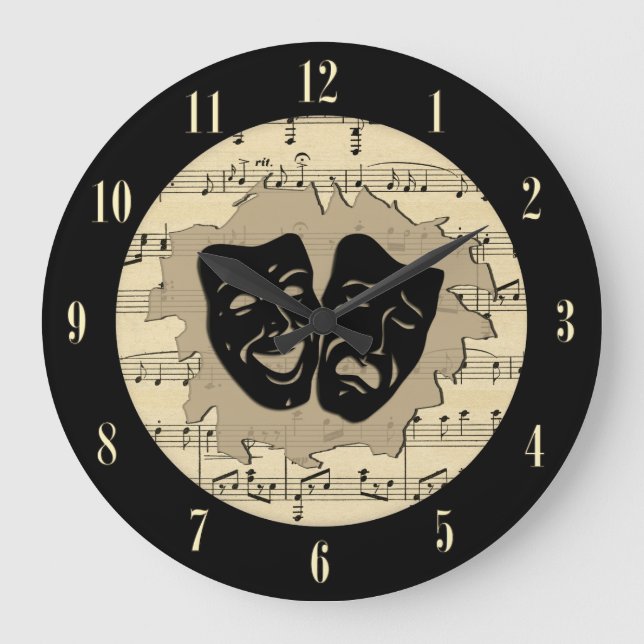 Antique Music and Theater Masks with Numbers Large Clock (Front)