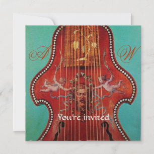 ANTIQUE MUSIC CONCERT,WEDDING,Monogram Red Blue Invitation