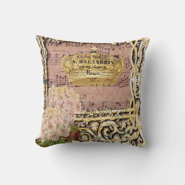 Antique Music French Gold Crown Collage Throw Pillow (Front)