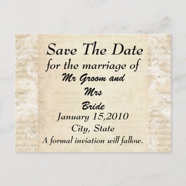 Antique Music Sheet Save the Day PostCard (Front)