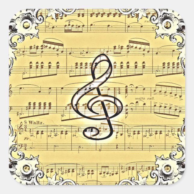 Antique Music Treble Clef Vintage Design Square Sticker (Front)