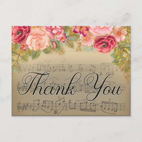 Antique Music w pink Yellow Gold Floral Thank You Postcard