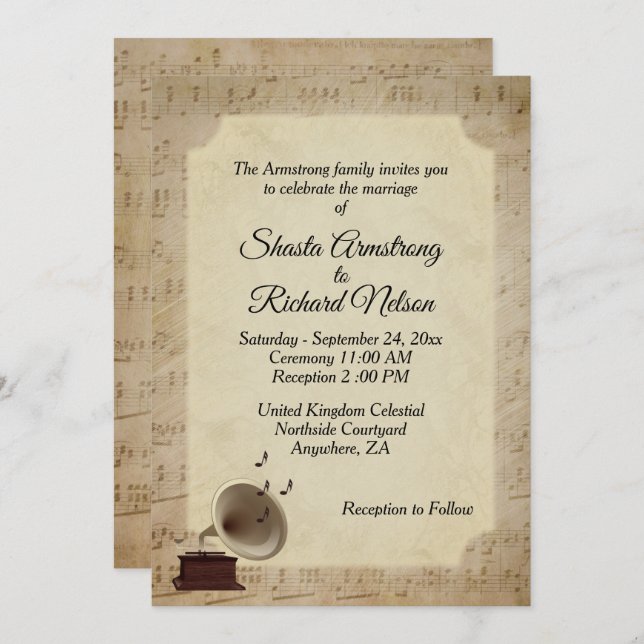 Antique Music Wedding Theme Invitation (Front/Back)