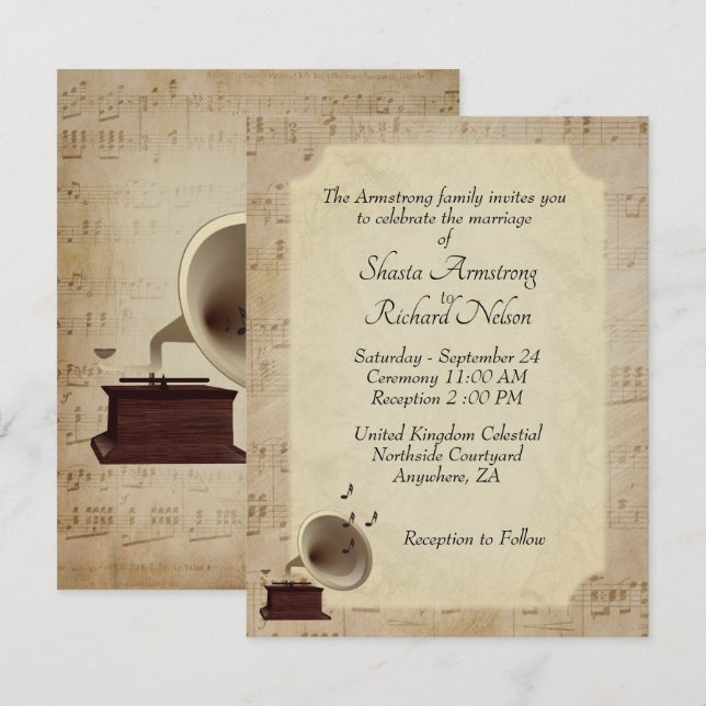Antique Music Wedding Theme Invitation (Front/Back)