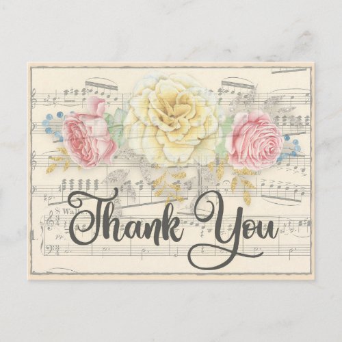 Antique Music with Pink Yellow Floral Thank You Postcard