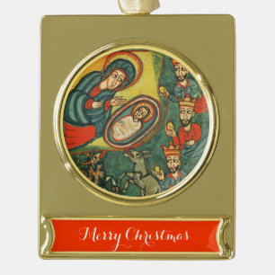 ANTIQUE NATIVITY PARCHMENT , ADORATION OF MAGI GOLD PLATED BANNER ORNAMENT