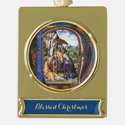 ANTIQUE NATIVITY PARCHMENT MONOGRAM Christmas Gold Plated Banner Ornament