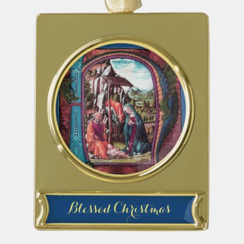 ANTIQUE NATIVITY PARCHMENT MONOGRAM Christmas Gold Plated Banner Ornament